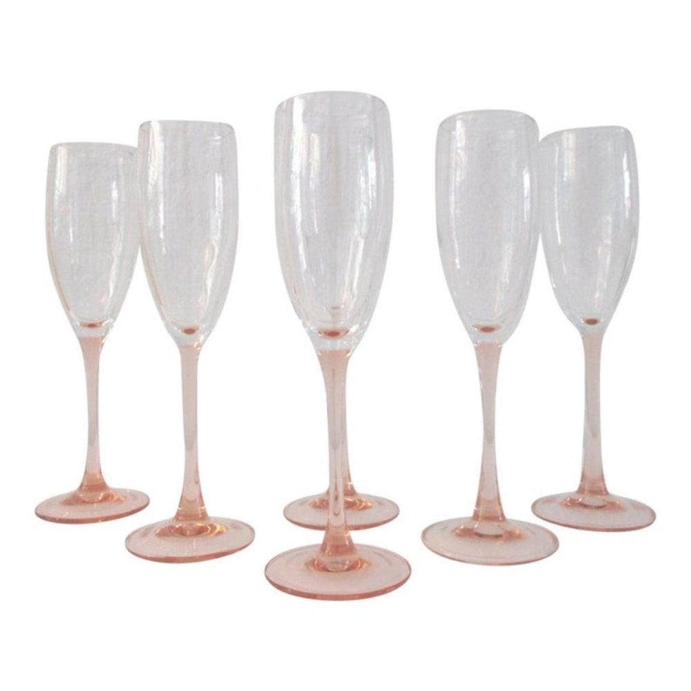 Vintage Pink Stemmed Crystal Champagne Flutes, S/6